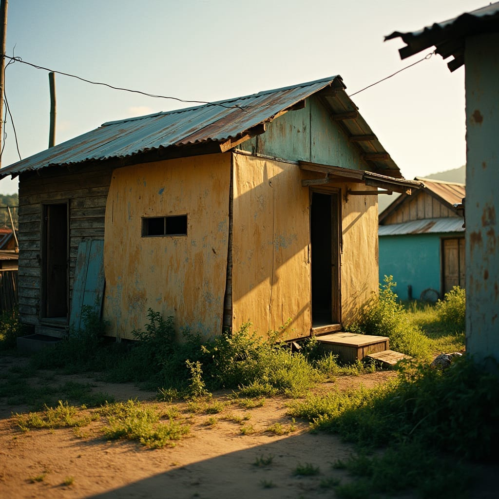 Weathered plywood boards clad the humble abode, its zinc roof a patchwork of rust and corrugated sheets, set against the vibrant, ramshackle backdrop of a Jamaican ghetto.