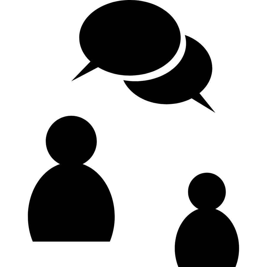 A simple black icon of 2 people at different levels, with overlapping speech bubbles seen at the top-centre.