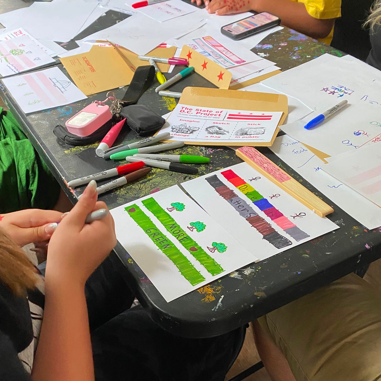 Close-up of hands and craft materials at work designing