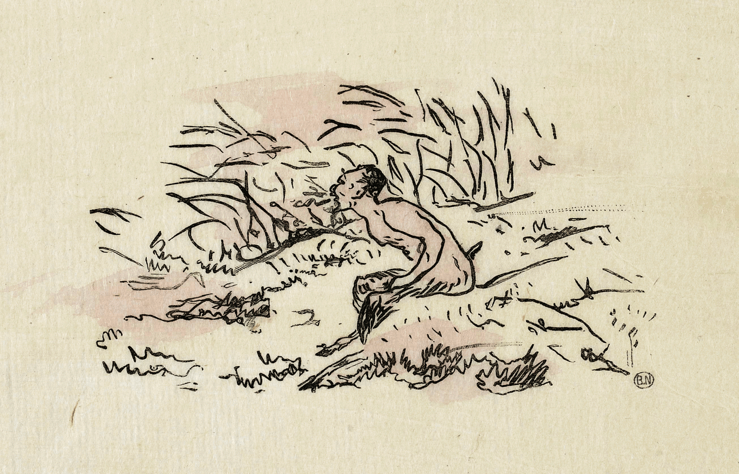 Line drawing by Eduouard Manet depicting a faun (half-man, half-goat) in a lush meadow Line drawing by Eduouard Manet depicting a faun (half-man, half-goat) in a lush meadow