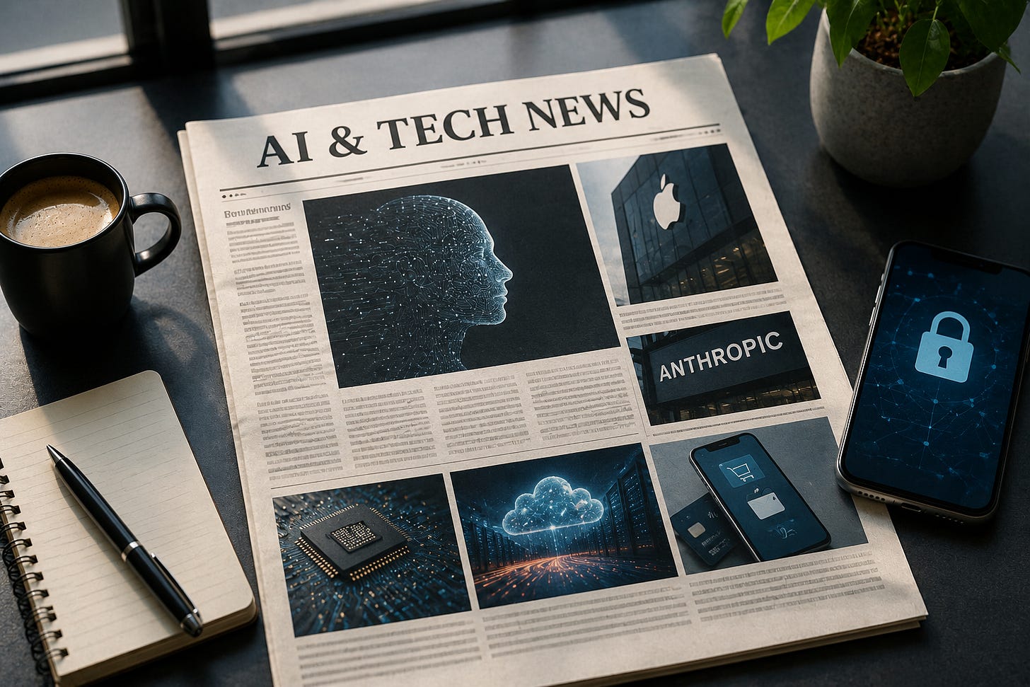 Ziar editorial despre noutăți AI & Tech, cu teme vizuale despre Apple, Anthropic, agenți AI, cipuri, plăți digitale și securitate online. Ziar editorial despre noutăți AI & Tech, cu teme vizuale despre Apple, Anthropic, agenți AI, cipuri, plăți digitale și securitate online.