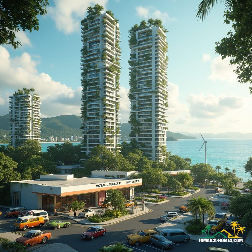 Montego Bay, imagined in 2050: a multi-tower complex pushing the limits of vertical and horizontal living, sky parks and rooftop petrol stations, solar and wind tech integrated into facades