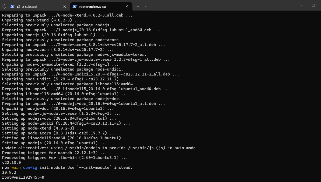 Node.js installation and version checks on the VPS. Node.js installation and version checks on the VPS.