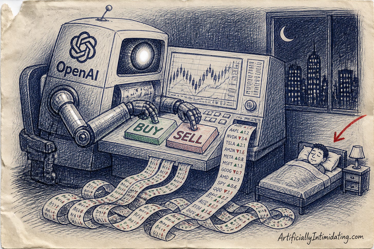 Editorial cartoon: a robot at a giant trading terminal pressing BUY and SELL keys at night while a tiny human sleeps in bed