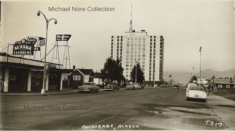 East end of 4th Avenue circa 1950 in Anchorage, Alaska. East end of 4th Avenue circa 1950 in Anchorage, Alaska.