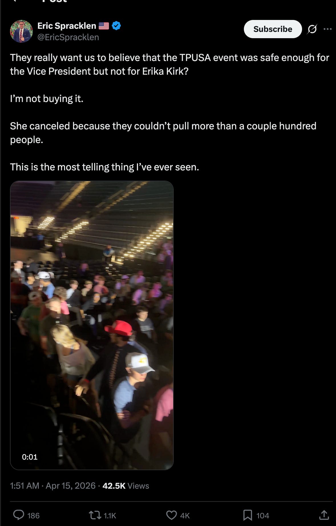 Erik Spracklen on Twitter: They really want us to believe that the TPUSA event was safe enough for the Vice President but not for Erika Kirk? I’m not buying it. She canceled because they couldn’t pull more than a couple hundred people. This is the most telling thing I’ve ever seen. Erik Spracklen on Twitter: They really want us to believe that the TPUSA event was safe enough for the Vice President but not for Erika Kirk? I’m not buying it. She canceled because they couldn’t pull more than a couple hundred people. This is the most telling thing I’ve ever seen.