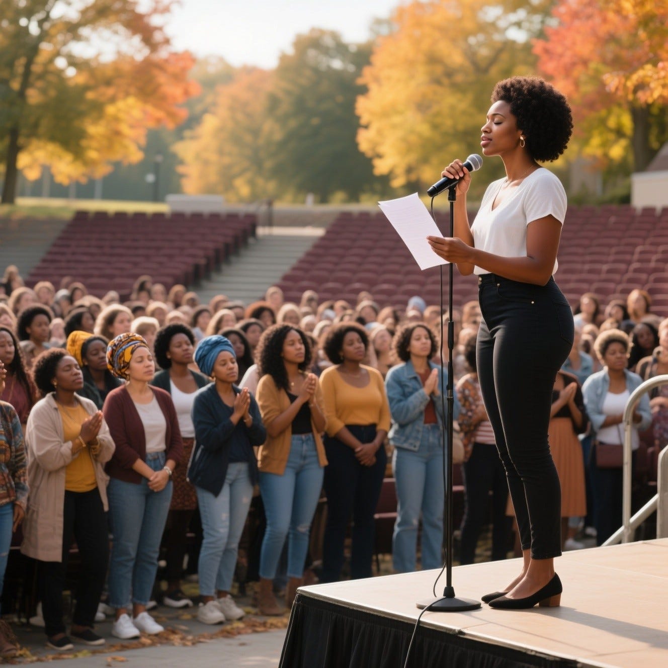 Provide me a realistic image of an African American woman standing with a microphone praying with a crowd of women listening in an outdoor auditorium in the fall.  She is holding a paper as a leader. The crowd is women of all ages and nationaliality and wearing urban wear, hair not wrapped. in the summer time. She is on a platform