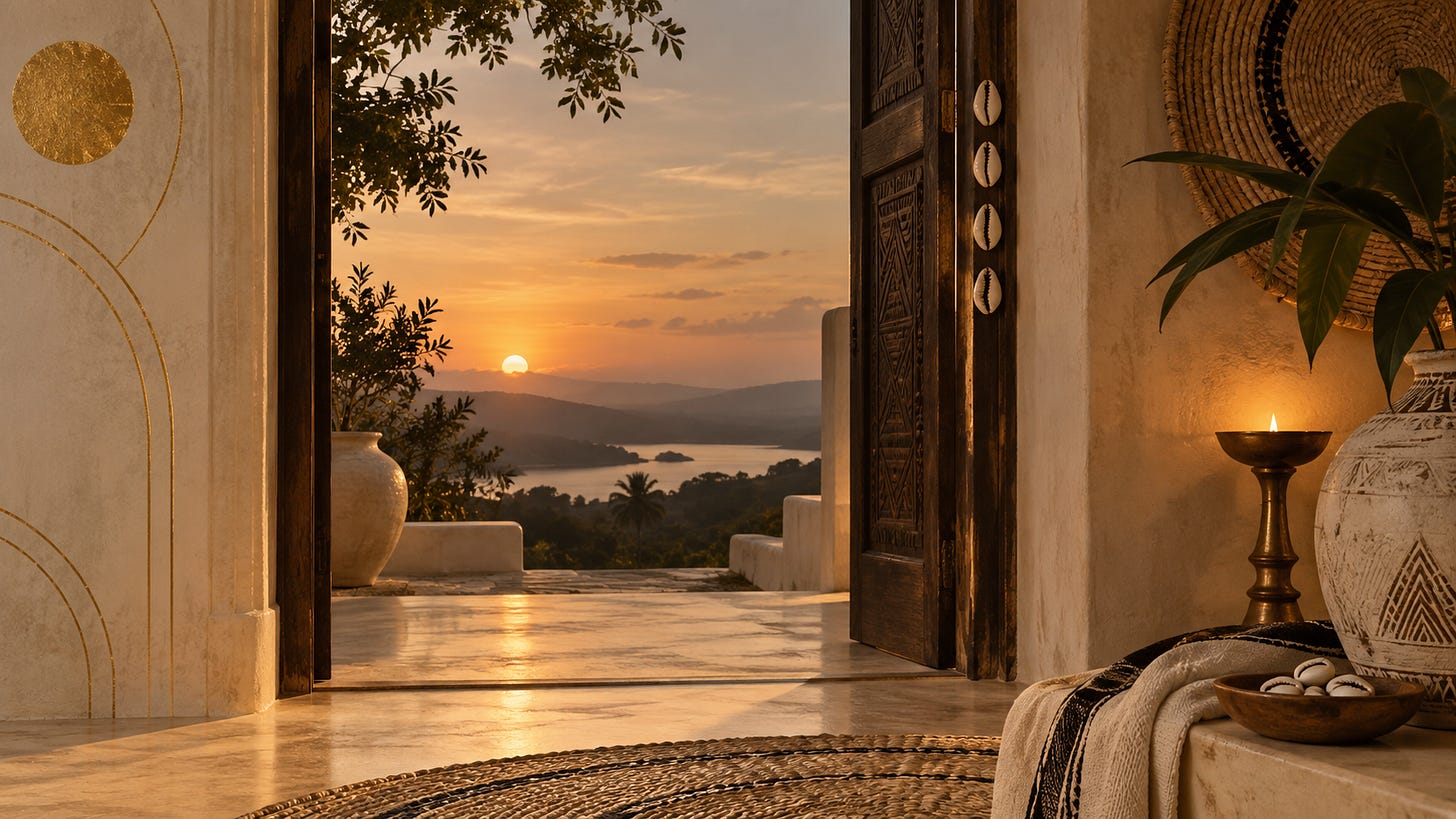 An open doorway at sunset overlooking water and distant hills, framed by warm ivory walls, dark wood, cowrie shells, and subtle golden lines, symbolizing boundaries, protection, and belonging in Òdí Méjì.