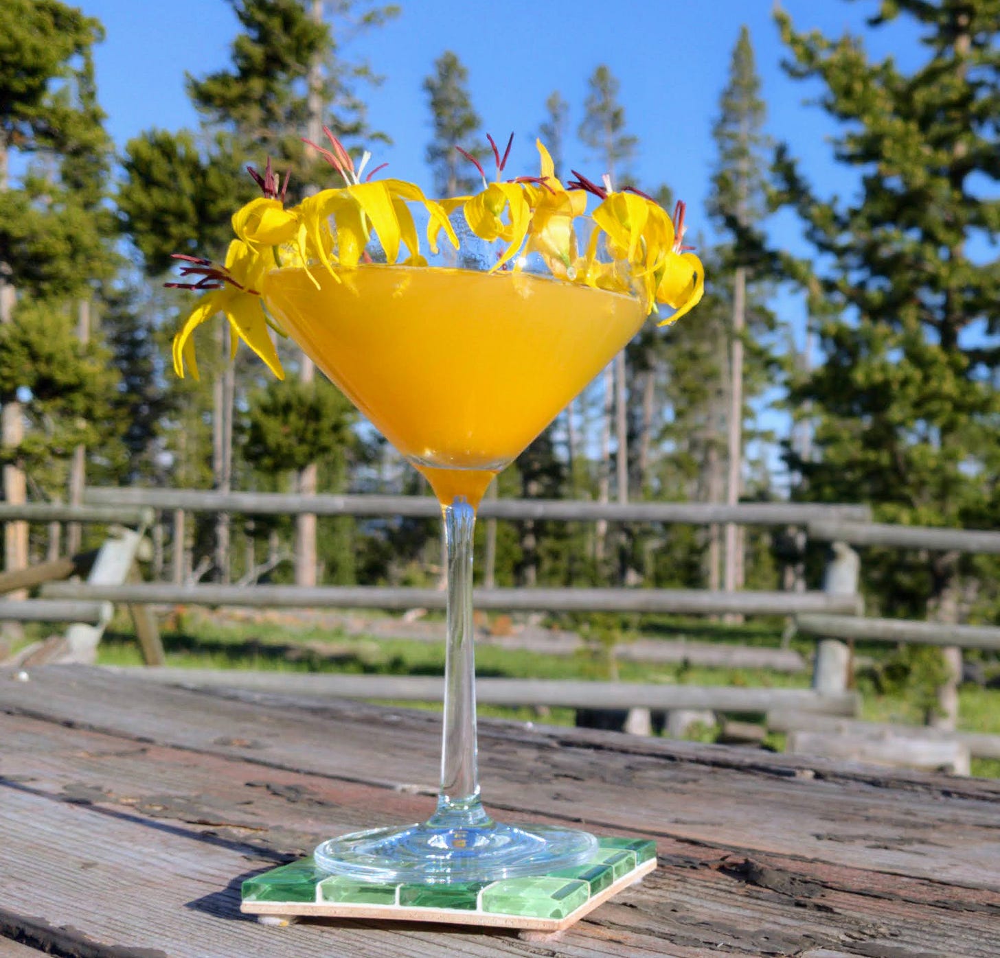 a yellow cocktail glas of jess' cocktail of the night covered with flowers a yellow cocktail glas of jess' cocktail of the night covered with flowers