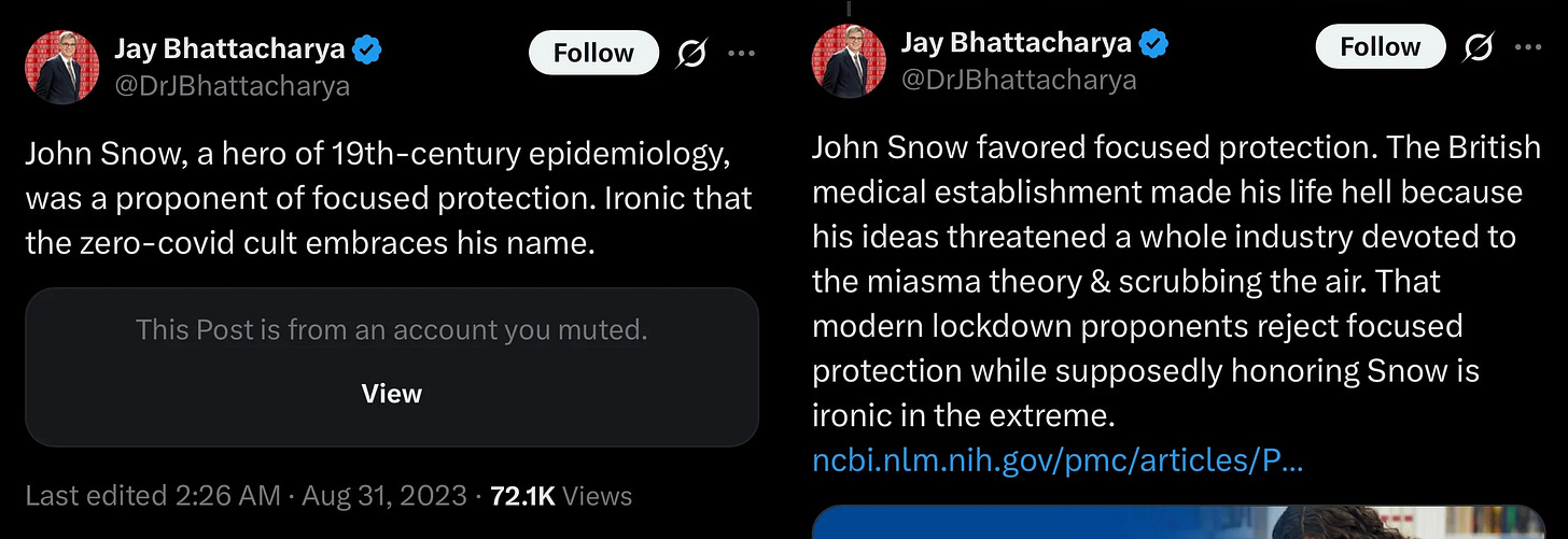 Jay Bhattacharya on Twitter insisting that John Snow "was a proponent of focused protection."