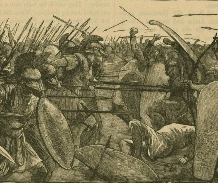 A historical illustration of the Battle of Plataea, showing Spartan hoplites in close combat with Persian warriors. Μια ιστορική απεικόνιση της μάχης των Πλαταιών, που δείχνει Σπαρτιάτες οπλίτες σε μάχη σώμα με σώμα με Πέρσες πολεμιστές.