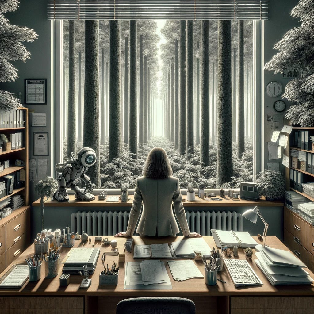 A person with shoulder-length blonde hair, dressed in a light-colored suit, stands at a wooden desk cluttered with papers, stationery, and office supplies, looking out a large window. Outside the window, there is an expansive, dense forest of tall, straight trees extending into the distance, creating a tunnel-like perspective. To the left of the person, on the windowsill, is a small robot with a single eye, appearing to observe the view as well. The office space is lined with shelves filled with books, binders, and various documents. The walls are adorned with clocks, papers, and other office materials. A person with shoulder-length blonde hair, dressed in a light-colored suit, stands at a wooden desk cluttered with papers, stationery, and office supplies, looking out a large window. Outside the window, there is an expansive, dense forest of tall, straight trees extending into the distance, creating a tunnel-like perspective. To the left of the person, on the windowsill, is a small robot with a single eye, appearing to observe the view as well. The office space is lined with shelves filled with books, binders, and various documents. The walls are adorned with clocks, papers, and other office materials.