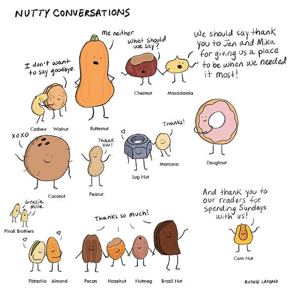 All the nuts are here. Cashew leans on Walnut. Walnuts says, “I don’t want to say goodbye.” Butternut says, “Me neither.” Chestnut holds hands with Macadamia. Chestnut says, “What should we say?” Macadamia says, “We should say thank you to Jen and Mika for giving us a place to be when we needed it most!” Coconut waves and says, “X.O.X.O” Peanut says, “Thank you!” Lug nut says “Heart” and Marcona says, “Thanks!” Doughnut smiles at them. One Pinoli brother says, “Grazie” The other Pinoli brother says, “Mille.” Pistachio and Almond say, “Heart.” Pecan, Hazelnut, Nutmeg and Brazil Nut say, “Thanks so much!” Corn Nut says,”And thank you to our readers for spending Sundays with us!”