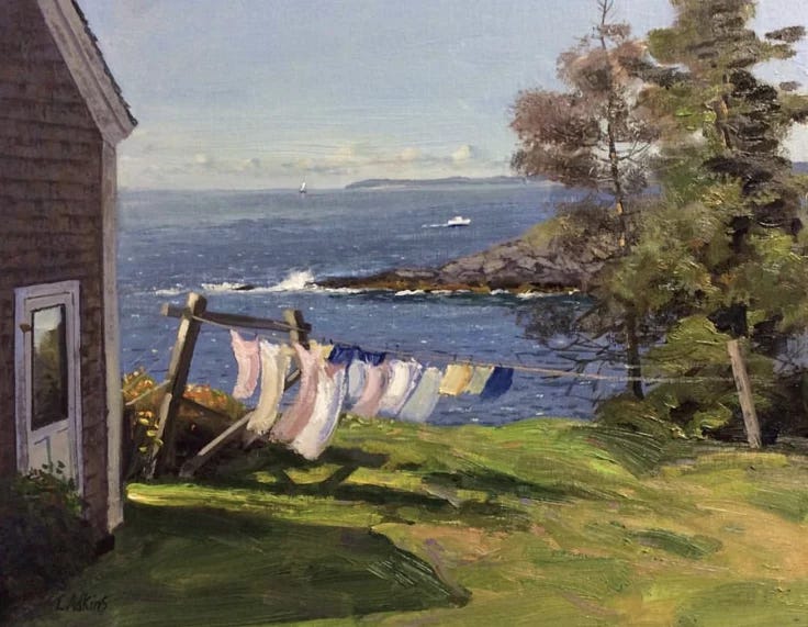 This may contain: a painting of clothes hanging out to dry on a line by the water's edge