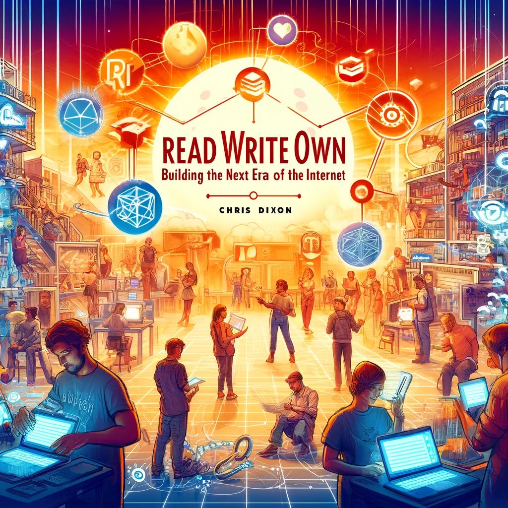  the book "Read Write Own: Building the Next Era of the Internet" by Chris Dixon. The illustration showcases a diverse group of people engaging with futuristic devices, surrounded by symbols of blockchain technology and a digital landscape, emphasizing the transformative potential of Web3 technologies.