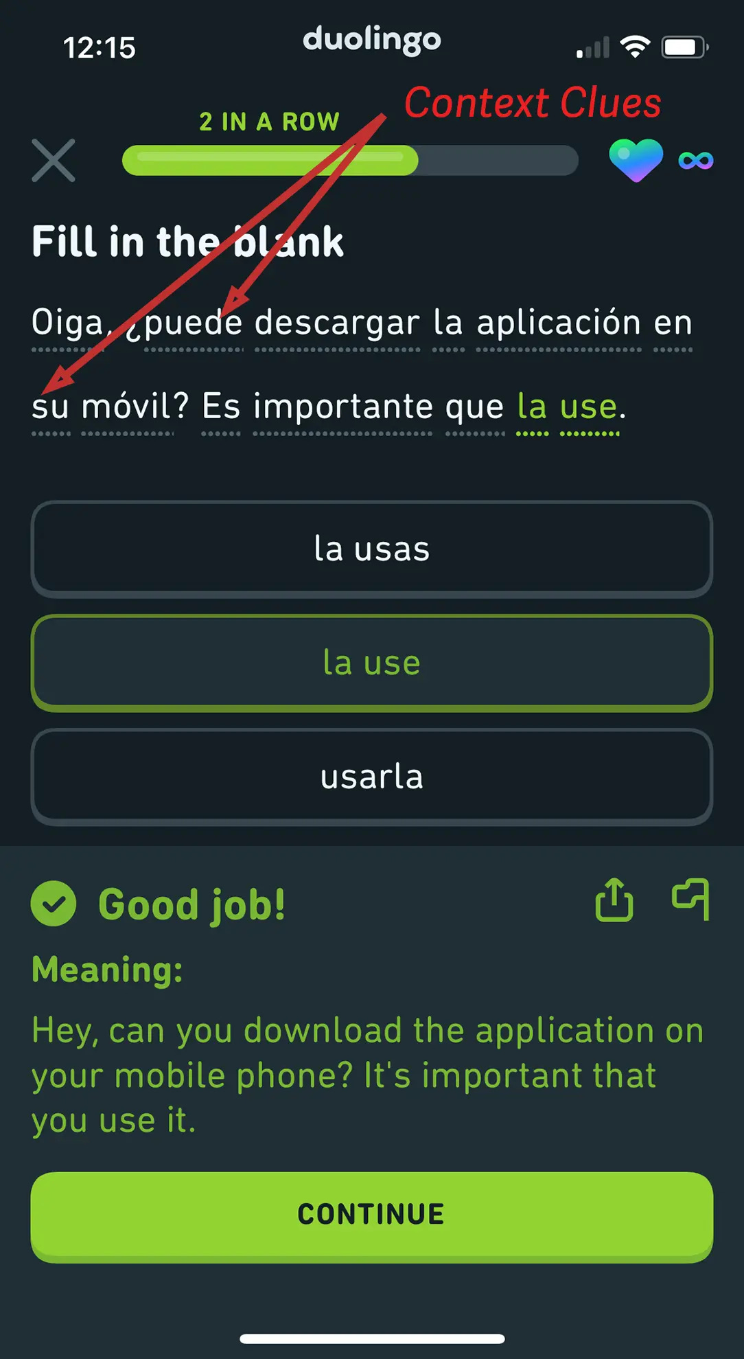 A screenshot of a fill-in-the-blank exercise from the iPhone app with red arrows overlaid pointing to the context clues.