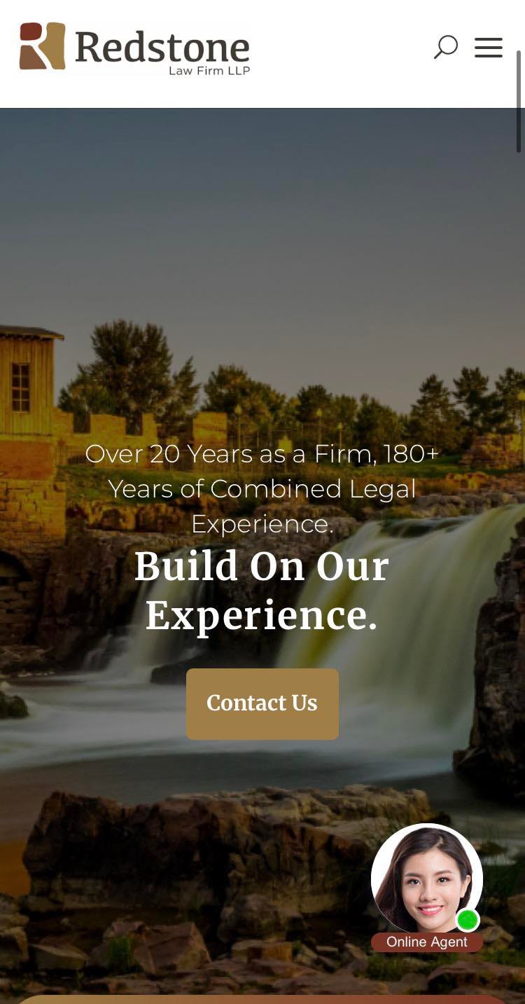 May be an image of text that says 'Redstone Law Firm LLP Over 20 Years as a Firm, 180+ Years of Combined Legal Experience. Build On Our Experience. Contact Us OnlineAgent Online Agent'