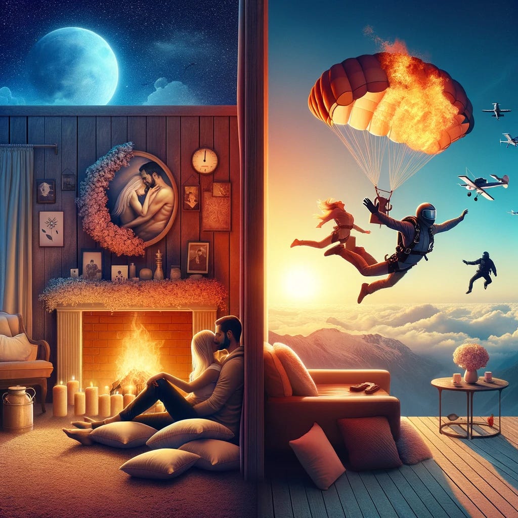 Create a visually compelling image that more clearly illustrates the contrast between security and intimacy versus freedom and passion in long-term relationships. The image should be divided into two distinct halves. On one side, depict a scene of ultimate security and emotional intimacy: a couple in a warm, gentle embrace within a cozy, softly lit environment, surrounded by symbols of comfort like cushions or a fireplace, representing the safety and closeness vital for love. On the other side, show the same couple experiencing the heights of freedom and passion: skydiving together, their faces alight with excitement and joy, against a backdrop of a clear, bright sky, symbolizing adventure, excitement, and the unpredictable elements that fuel desire. This stark contrast should emphasize the necessity of balancing these aspects to maintain a passionate, fulfilling relationship.