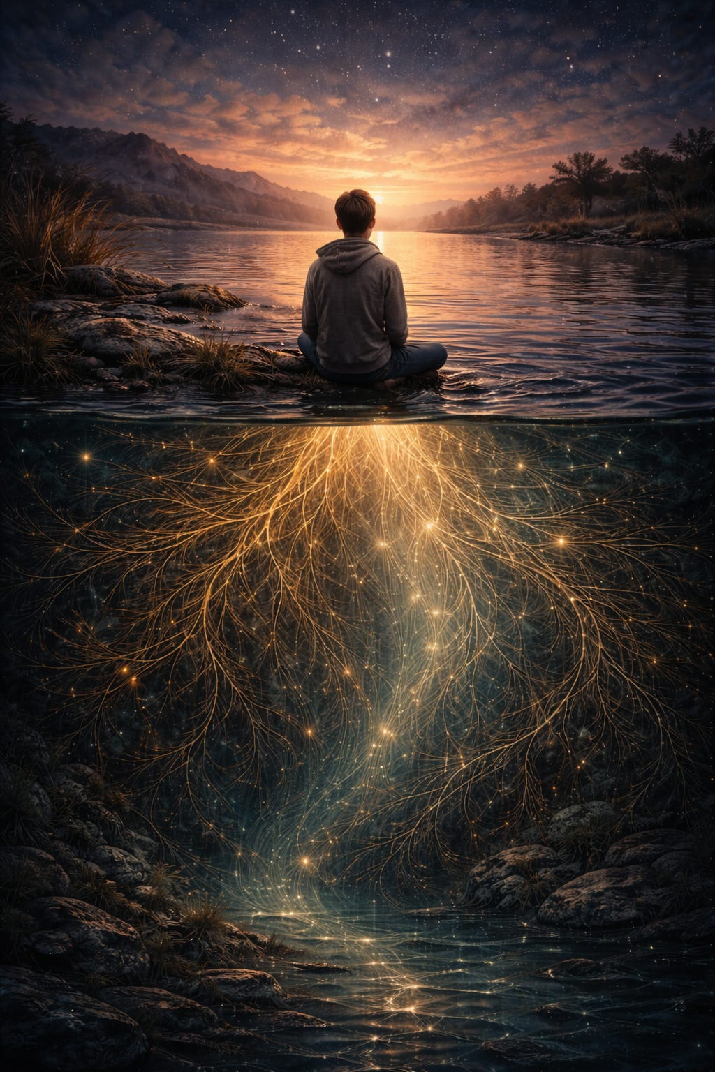 Hand-painted above-and-below-water artwork showing a solitary figure seated quietly at the edge of a lake at dusk, with a deeper hidden structure of luminous root-like threads and flowing currents extending beneath the surface, suggesting that consciousness and personal meaning reach beyond outward appearance or self-description.