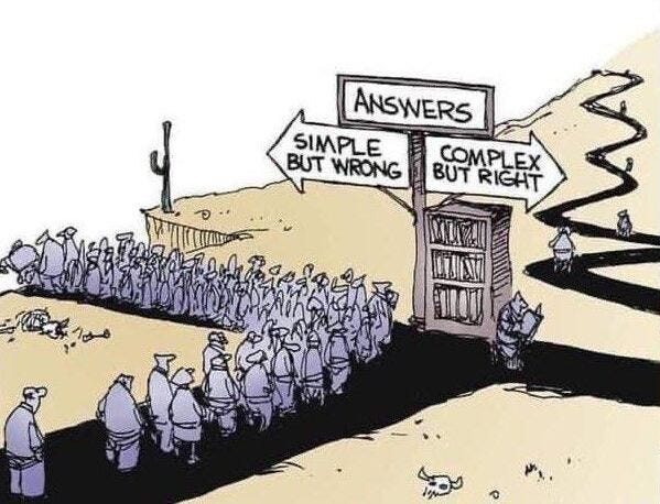 Cartoon showing two signs above a doorway labeled “Answers.” One sign points left to “Simple but wrong,” where a long line of people are waiting. The other points right to “Complex but right,” with only a few people walking down a winding path.