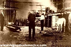 From left to right: Jim Miller, Joe Allen, Berry Burrell, and Jesse West, hanged by vigilantes in Ada, Oklahoma, 1909.