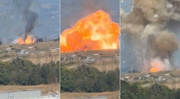A massive explosion erupts at the KNDS Ammo Italy munitions plant in Colleferro, southeast of Rome, on August 13, 2026, sending flames and thick smoke over the industrial complex. (screenshot) A massive explosion erupts at the KNDS Ammo Italy munitions plant in Colleferro, southeast of Rome, on August 13, 2026, sending flames and thick smoke over the industrial complex. (screenshot)