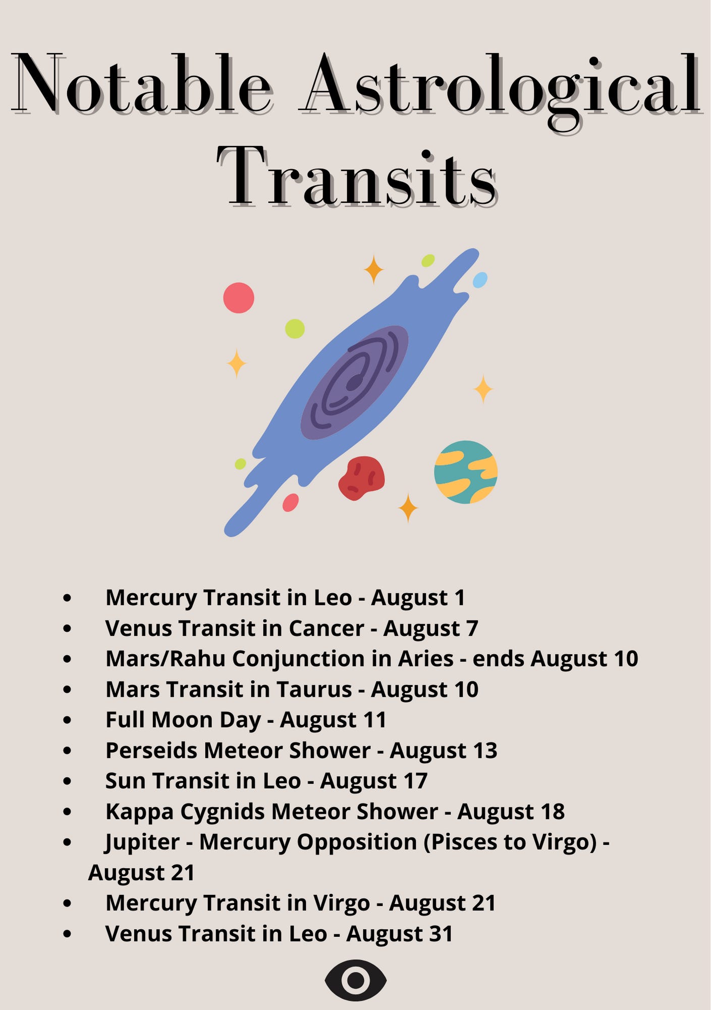 Notable Astrological Transits    Mercury Transit in Leo - August 1    Venus Transit in Cancer - August 7    Mars/Rahu Conjunction in Aries - ends August 10    Mars Transit in Taurus - August 10    Full Moon Day - August 11    Perseids Meteor Shower - August 13    Sun Transit in Leo - August 17    Kappa Cygnids Meteor Shower - August 18    Jupiter - Mercury Opposition (Pisces to Virgo) - August 21    Mercury Transit in Virgo - August 21    Venus Transit in Leo - August 31