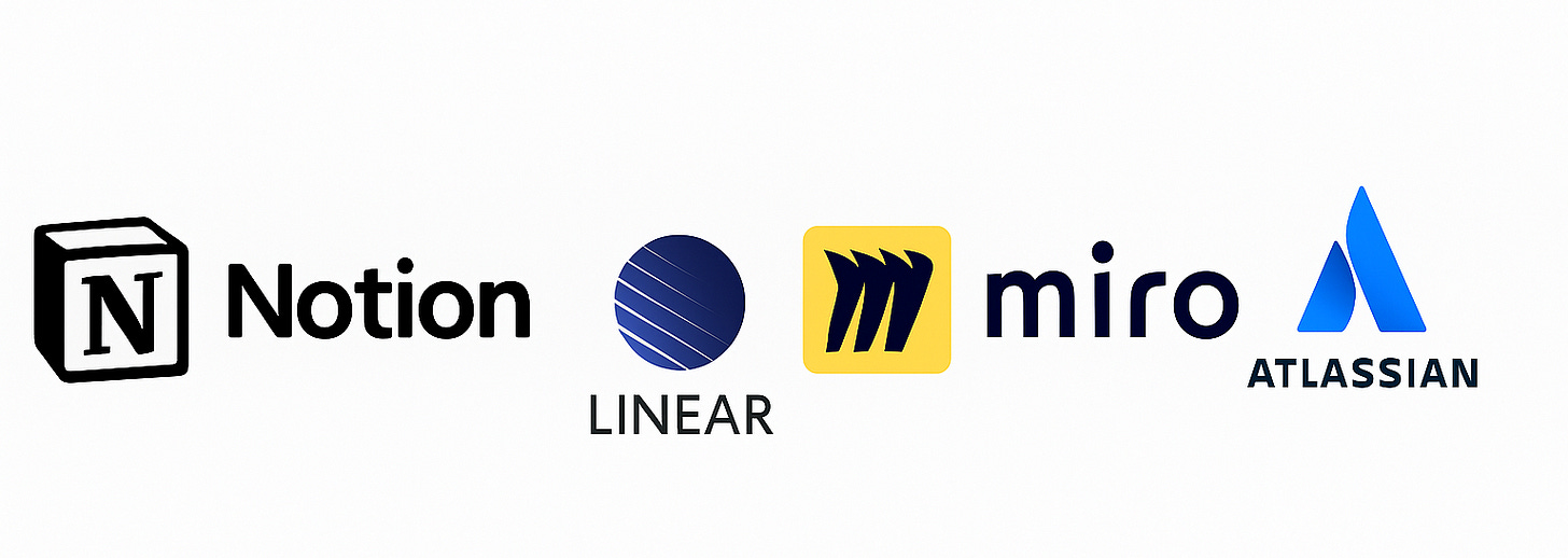 Logos of Notion, Linear, Miro, and Atlassian — productivity tools offering startup credits and discounts. Logos of Notion, Linear, Miro, and Atlassian — productivity tools offering startup credits and discounts.