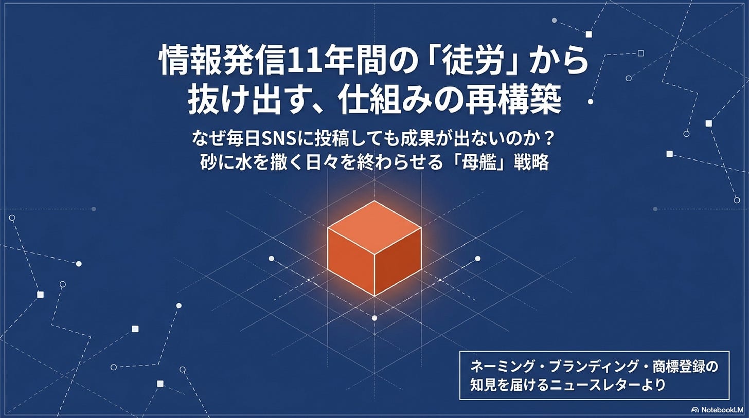 紺色の宇宙空間のような背景に、中央にオレンジ色に発光する立方体が配置されたアイキャッチ画像。タイトルは「情報発信11年間の『徒労』から抜け出す、仕組みの再構築」。サブタイトルとして「なぜ毎日SNSに投稿しても成果が出ないのか?砂に水を撒く日々を終わらせる『母艦』戦略」と記載。右下には「ネーミング・ブランディング・商標登録の知見を届けるニュースレターより」のテキストボックス。 紺色の宇宙空間のような背景に、中央にオレンジ色に発光する立方体が配置されたアイキャッチ画像。タイトルは「情報発信11年間の『徒労』から抜け出す、仕組みの再構築」。サブタイトルとして「なぜ毎日SNSに投稿しても成果が出ないのか?砂に水を撒く日々を終わらせる『母艦』戦略」と記載。右下には「ネーミング・ブランディング・商標登録の知見を届けるニュースレターより」のテキストボックス。