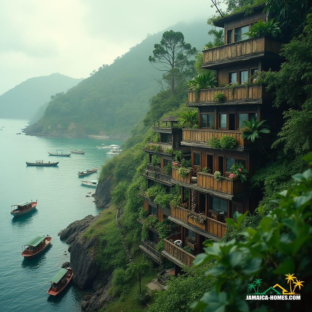 Port Antonio’s lush coast reimagined with a vertical village spiraling upward like a natural mountain, timber balconies inspired by Jamaican homes, sky-gardens bursting with tropical plants, fishing boats and parked cars adding realism, morning mist rolling over the hills in the background.