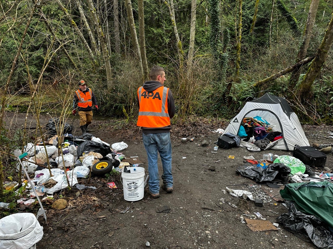 A group of men standing in a forest

Description automatically generated