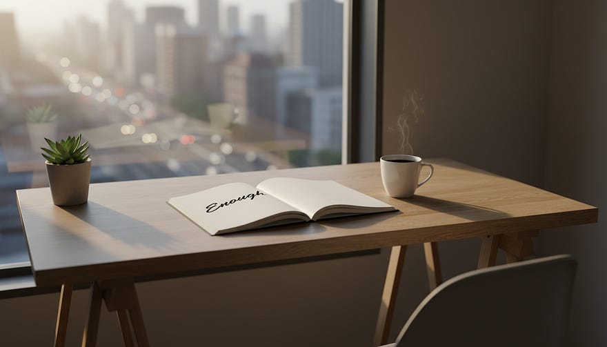 A minimalist, calming workspace bathed in warm morning light. A simple wooden desk holds a single open notebook and a cup of black coffee. The notebook page displays the handwritten word ‘Enough’ in neat cursive. A small, healthy green plant sits in the corner. The atmosphere is peaceful, still, and intentional. It contrasts with the chaotic blur of a busy city visible through a nearby window. A minimalist, calming workspace bathed in warm morning light. A simple wooden desk holds a single open notebook and a cup of black coffee. The notebook page displays the handwritten word ‘Enough’ in neat cursive. A small, healthy green plant sits in the corner. The atmosphere is peaceful, still, and intentional. It contrasts with the chaotic blur of a busy city visible through a nearby window.