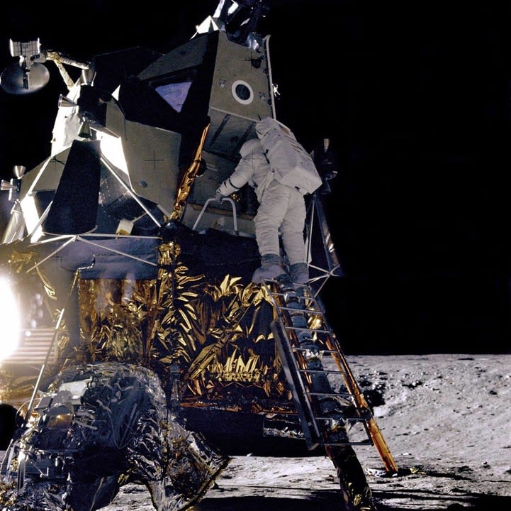 Astronaut Pete Conrad captured this picture of Alan Bean as he descended the ladder on the Lunar Module. Astronaut Pete Conrad captured this picture of Alan Bean as he descended the ladder on the Lunar Module.