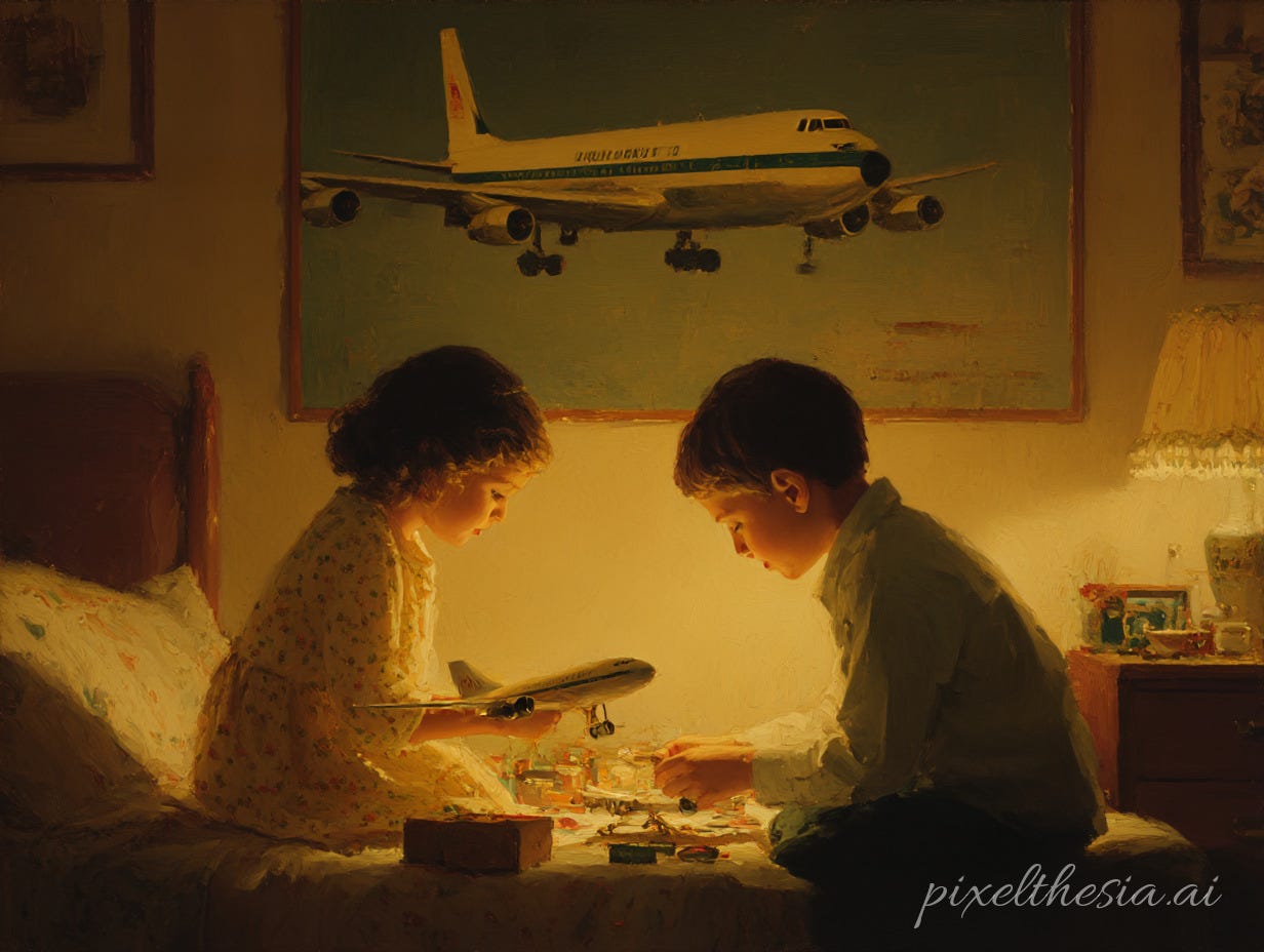 This painting portrays two children in a warm, golden-lit bedroom, deeply absorbed in playing with toy airplanes and model pieces spread across a bed. A young boy and girl sit facing each other, their faces illuminated in the soft glow as they concentrate on their shared activity. The girl holds a toy airplane while the boy appears to be working with building components between them. Above them hangs a framed impressionistic painting of a Boeing 707 aircraft with its four engines and slender fuselage rendered in soft brushstrokes against a greenish background. The aircraft's livery shows indistinct lettering on its side, deliberately left illegible by the artist. The entire scene is painted in a dreamlike, impressionistic style with soft edges and warm amber tones that create a nostalgic atmosphere. Rather than depicting a literal moment, the artwork captures the essence of childhood imagination, wonder, and the quiet intimacy of creative play. The visual connection between the toy planes and the framed aircraft above suggests themes of aspiration and dreams of flight.