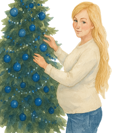 A pregnant person touching a christmas tree

AI-generated content may be incorrect.