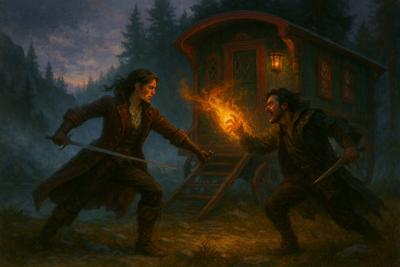Ezmerelda D'Avenir and Bargle the Vile duel in front of her Vistani wagon on the misty shores of Lake Baratok. Ezmerelda, inspired by Morena Baccarin, wears a torn cloak and bloodied vambrace, her silvered sword clashing against Bargle's arcane energy. Bargle, resembling Willem Dafoe, grins through split lips, clad in forest-green velvet laced with black glyphs. The wagon is painted crimson and gold, with a brass lantern swaying from the doorpost. Mist curls around the clearing, and the tower looms in the background. The atmosphere is tense, magical, and cinematic. Ezmerelda D'Avenir and Bargle the Vile duel in front of her Vistani wagon on the misty shores of Lake Baratok. Ezmerelda, inspired by Morena Baccarin, wears a torn cloak and bloodied vambrace, her silvered sword clashing against Bargle's arcane energy. Bargle, resembling Willem Dafoe, grins through split lips, clad in forest-green velvet laced with black glyphs. The wagon is painted crimson and gold, with a brass lantern swaying from the doorpost. Mist curls around the clearing, and the tower looms in the background. The atmosphere is tense, magical, and cinematic.