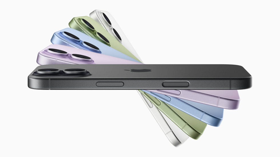 Multiple iPhone 17 devices shown from the side and featuring the full colour lineup: lavender, mist blue, sage, white, and black.