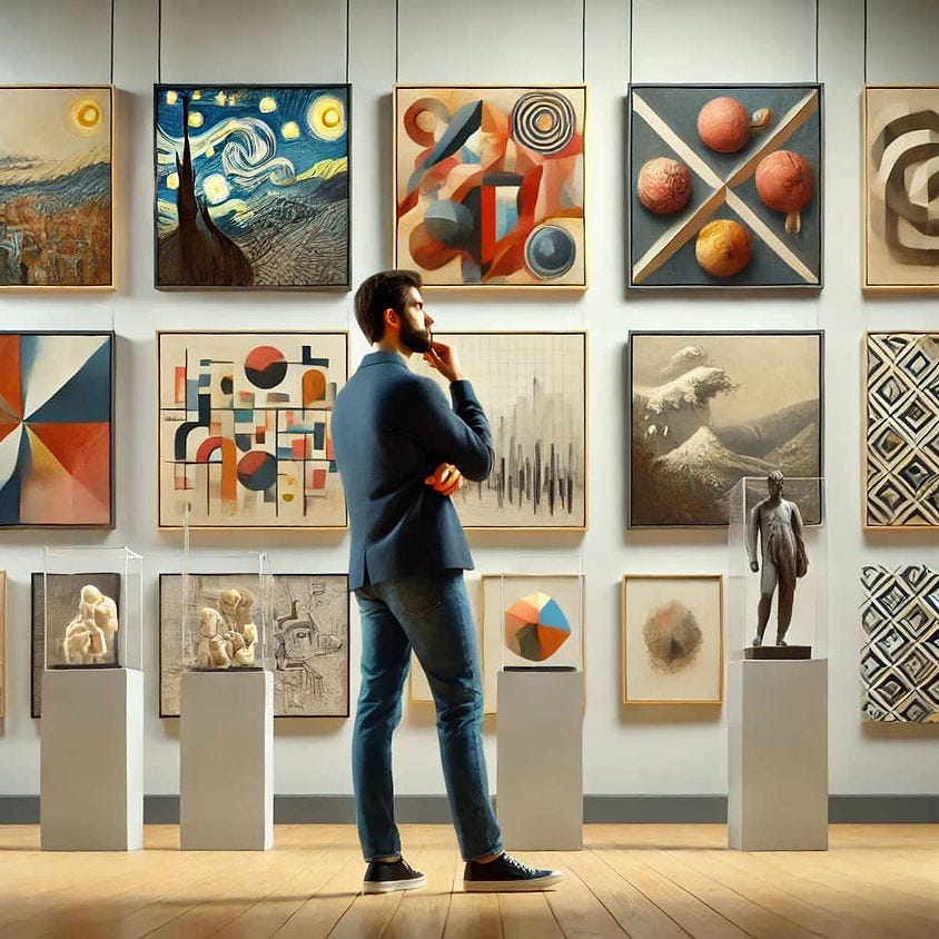AI image of a thoughtful man trying to categorize art in a gallery AI image of a thoughtful man trying to categorize art in a gallery