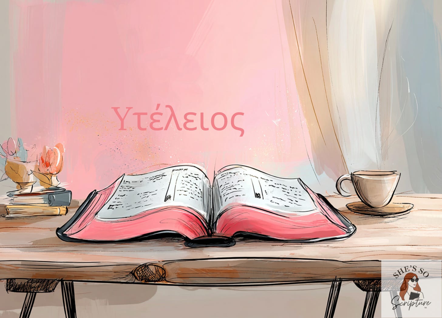 Watercolor illustration of an open Bible with Greek lettering, symbolizing the biblical word teleios and its meaning of maturity rather than perfection.