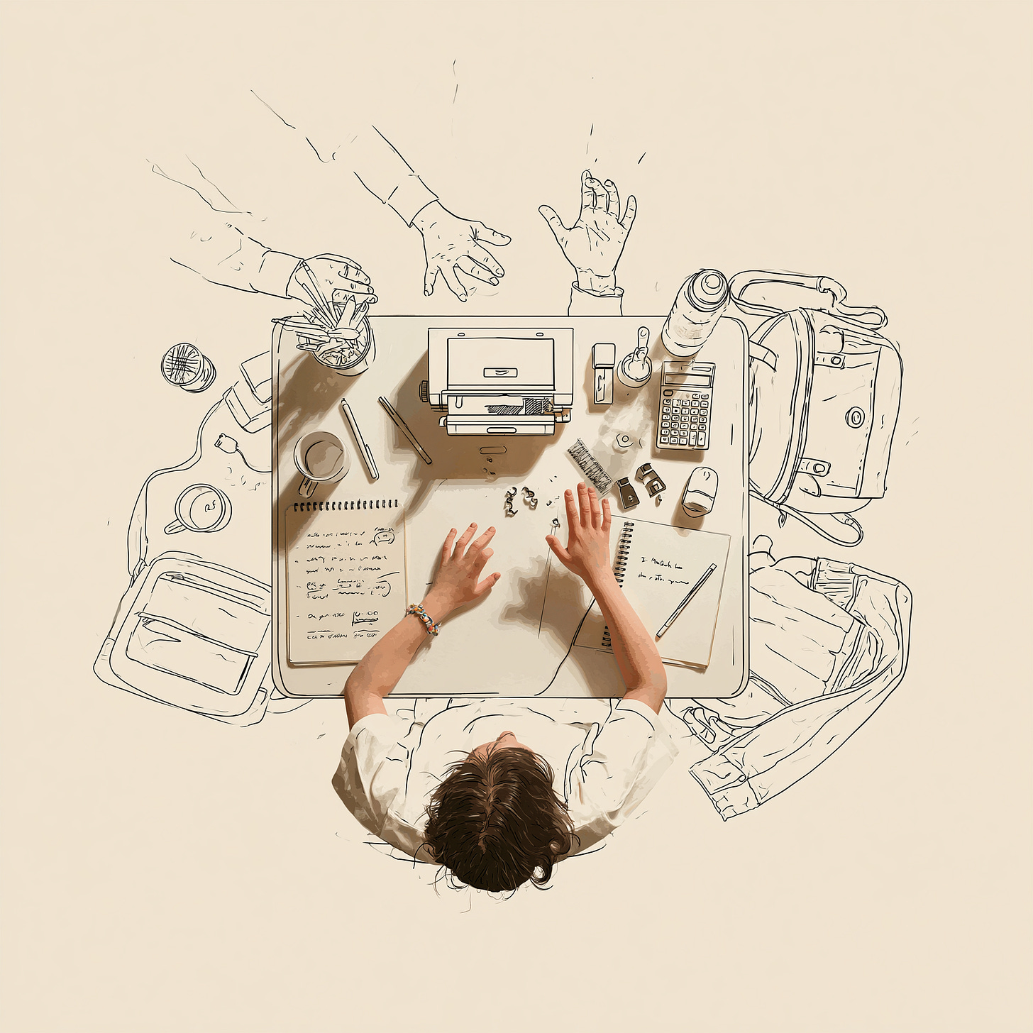 Ilustración de un estudiante visto desde arriba, escribiendo a mano en un escritorio rodeado de mochilas, libretas y objetos escolares