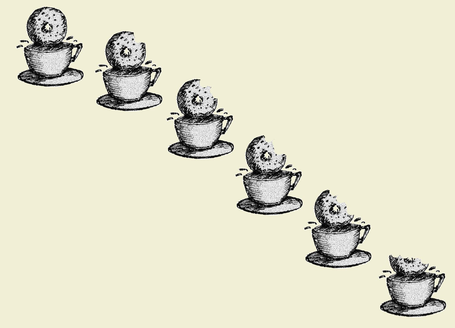 Slowly the donut disappears as the coffee is drunk.