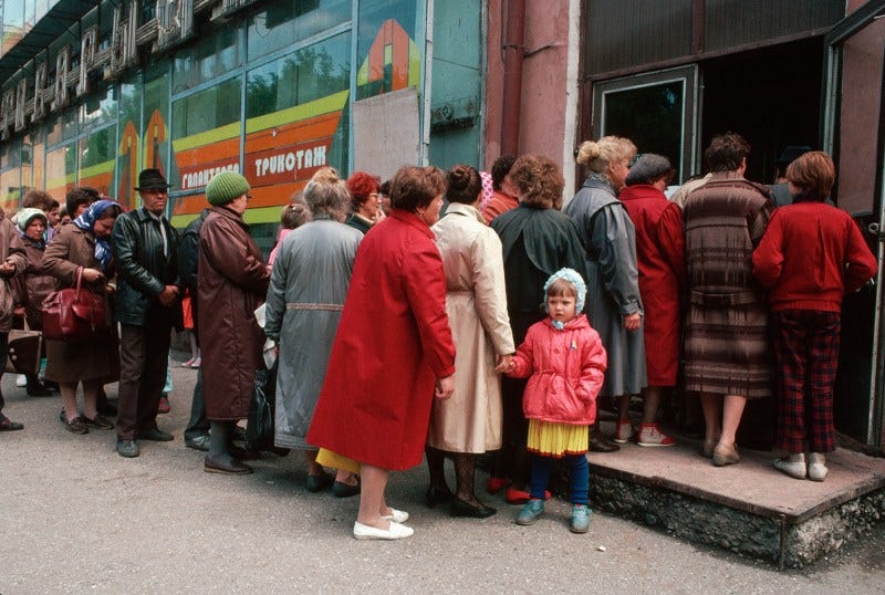 People wait in line in 1991 in the Soviet Union. People wait in line in 1991 in the Soviet Union.