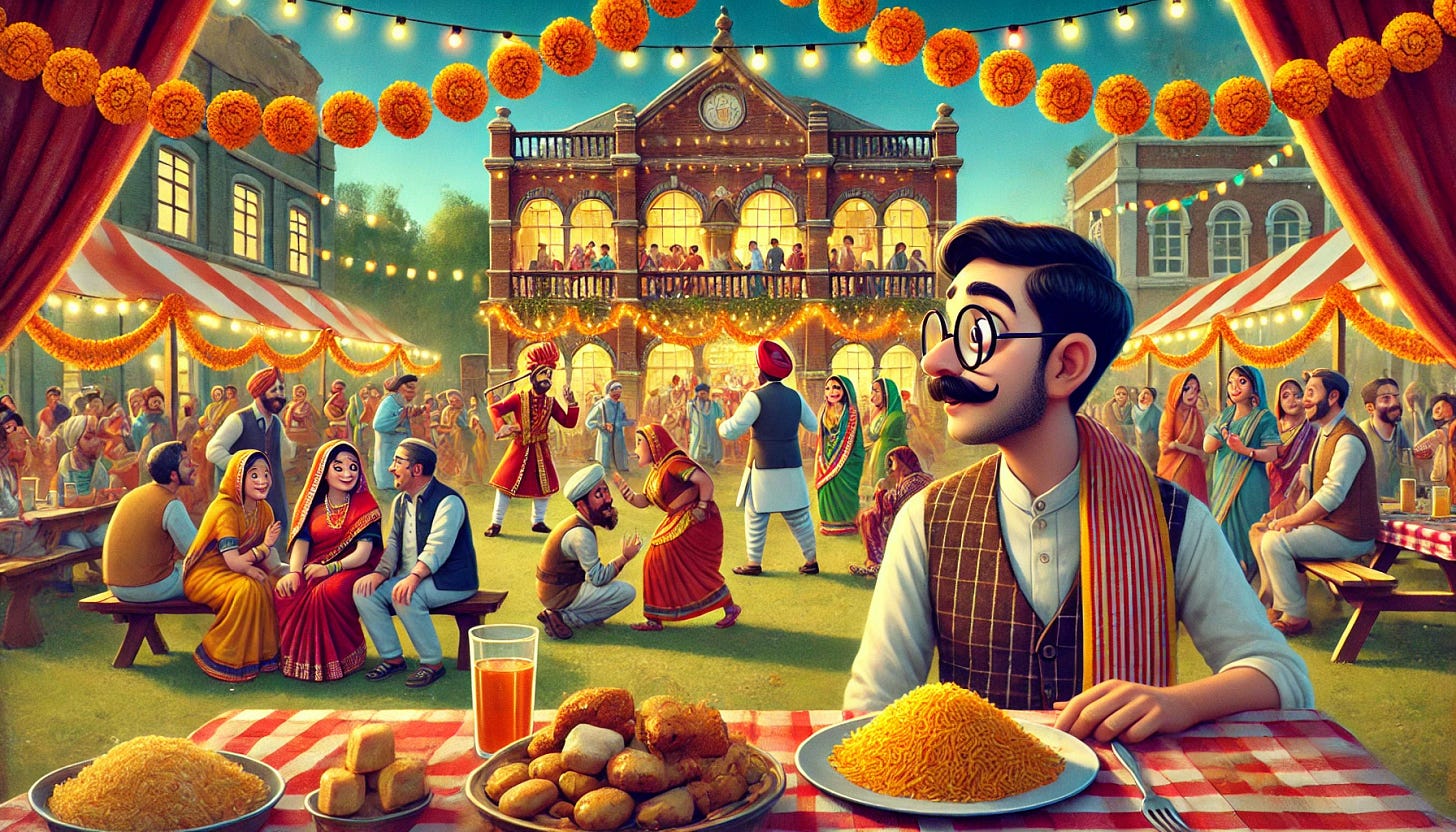 An animated scene of a lively North Indian wedding, viewed through the eyes of a Bengali outsider. The setting includes a festive outdoor venue decorated with marigold garlands and lights. A cheerful Bengali man in traditional attire looks on curiously, holding a plate of food, while others enjoy the celebrations. The scene features traditional North Indian food stalls, the groom’s baraat with dancing guests and drummers, and vibrant cultural elements like tug-of-war games and garland exchanges. The atmosphere is colorful, lively, and humorous, with an exaggerated, animated style.