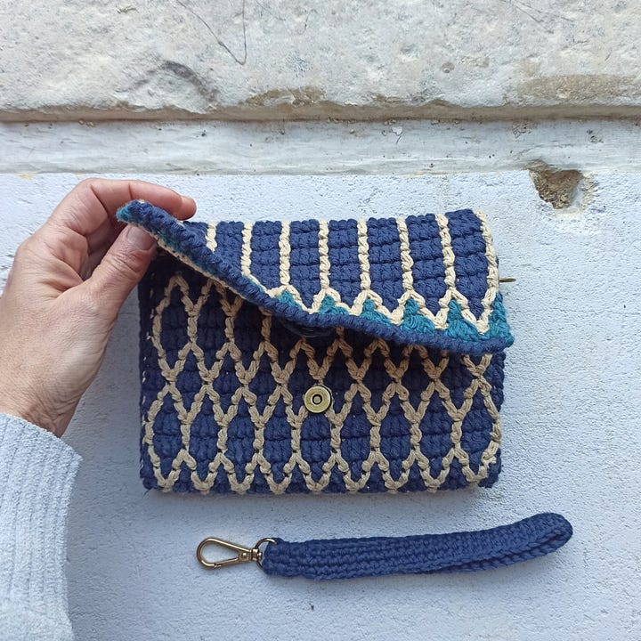 Overlay mosaic crochet wristlet bag with geometric pattern in blues and beige.