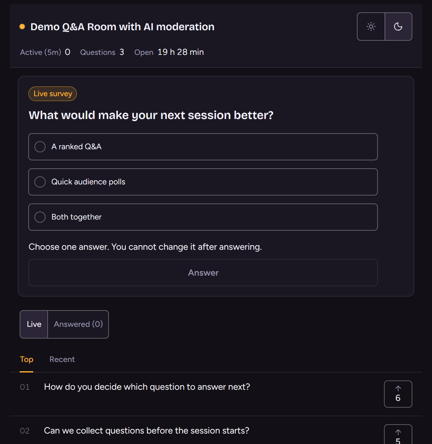 AskOne demo room showing a live survey and three ranked audience questions AskOne demo room showing a live survey and three ranked audience questions