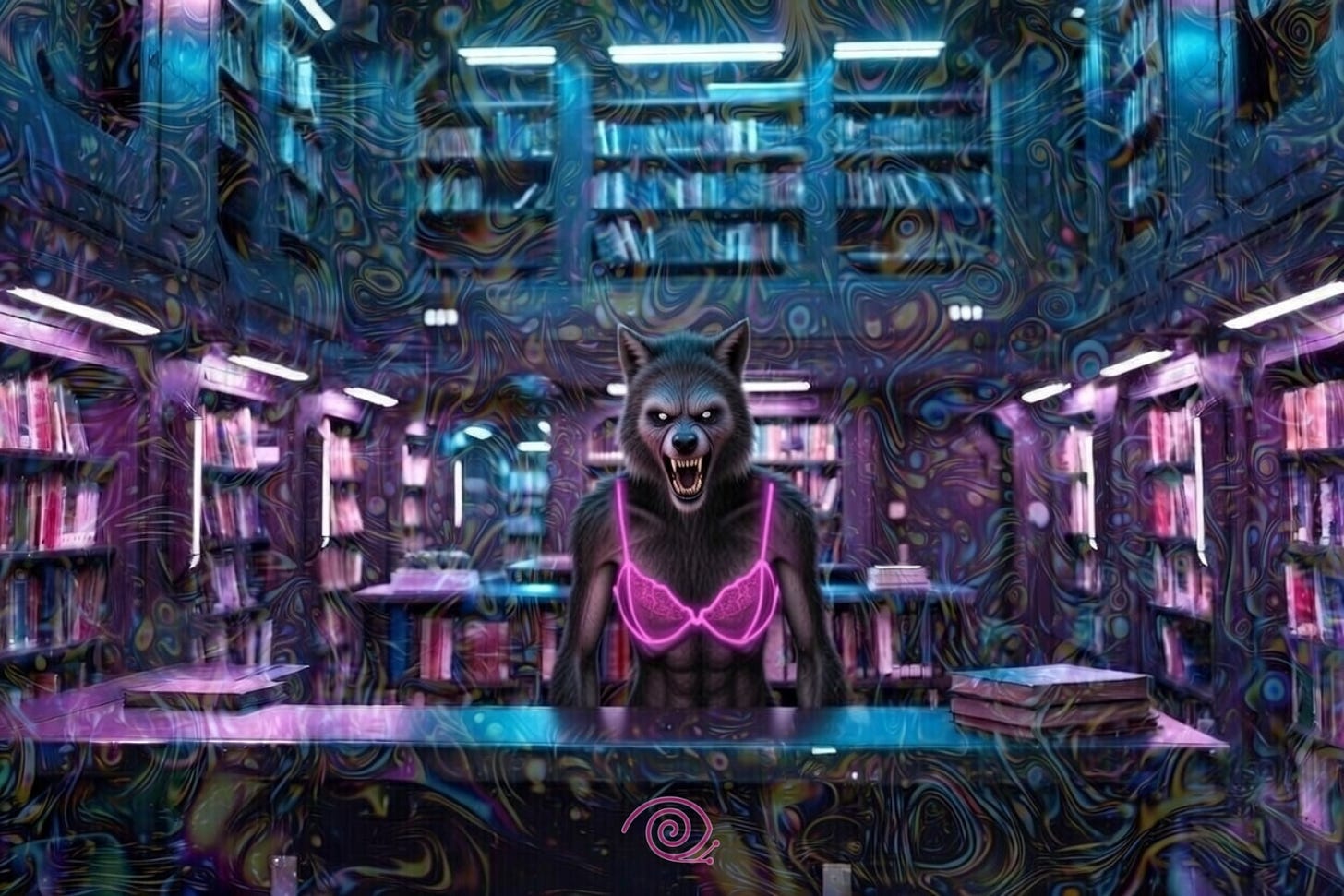 A wild, snarling anthropomorphic wolf with glowing blue eyes and dark fur stands aggressively behind a wooden library counter in a surreal, psychedelic library. She wears a neon pink lace bra, her muscular body illuminated by swirling blue and purple psychedelic patterns covering the bookshelves and walls, creating an intense, dreamlike, and chaotic atmosphere. A stack of books sits on the counter in front of her. A wild, snarling anthropomorphic wolf with glowing blue eyes and dark fur stands aggressively behind a wooden library counter in a surreal, psychedelic library. She wears a neon pink lace bra, her muscular body illuminated by swirling blue and purple psychedelic patterns covering the bookshelves and walls, creating an intense, dreamlike, and chaotic atmosphere. A stack of books sits on the counter in front of her.
