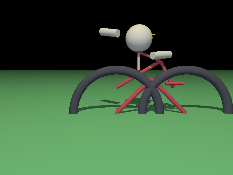 Two wheels (tire only) sit overlapping half embedded in the ground. The frame is a half-buried red triangle and some other lines. There is a white pall with a tiny yellow beak and two detached cylindrical arms. It's rubbish.