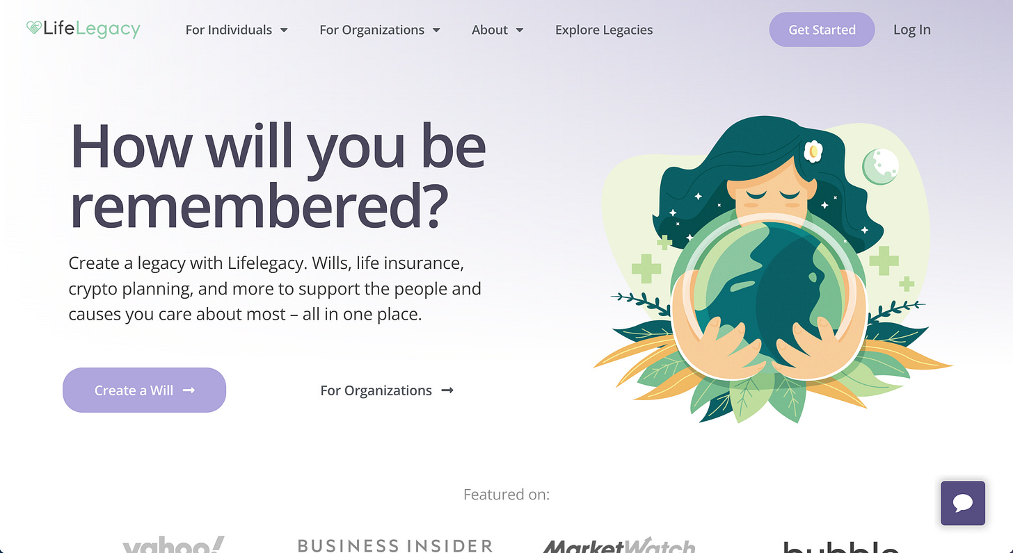 life legacy bubble.io landing page