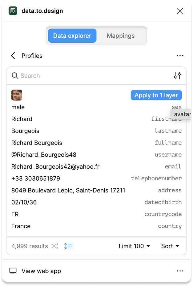 Screenshot of importing data in Figma with the plugin data.to.design