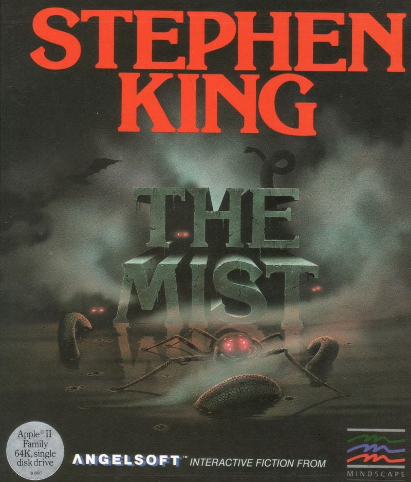The original cover art for The Mist prominently features Stephen King's name above a vague illustration of a bug-like creature in a misty swamp.